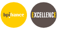 Le logo de Bpi France Excellence. Un rond jaune avec Bpi France et un rond marron avec Excellence.