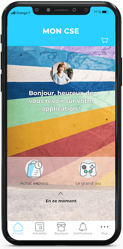 Mock up de l'espace perso de l'application pour CSE de Comitéo. Fond avec plusieurs couleurs et profil d'un utilisateur.