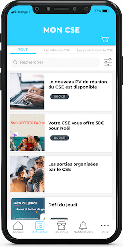 Mock up de l'application mobile pour CSE développée par Comitéo. Présent les acualités qu'un élu de CSE peut mettre en avant via son espace de gestion.