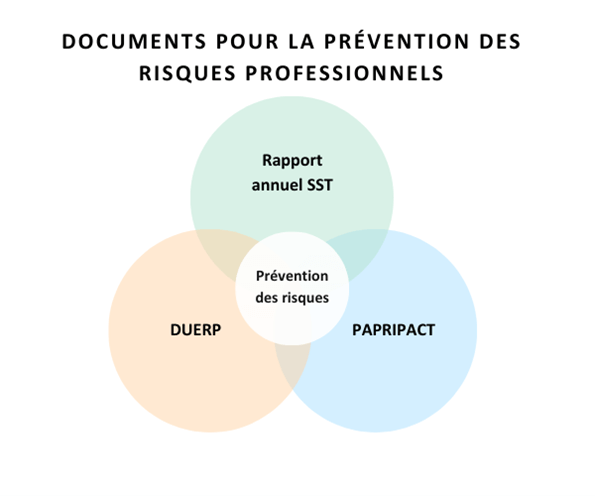 Infographie définissant le Papripact par rapport au rapport annuel SST ,le DUERP, formant avec à eux trois la prévention des risques en entreprise.